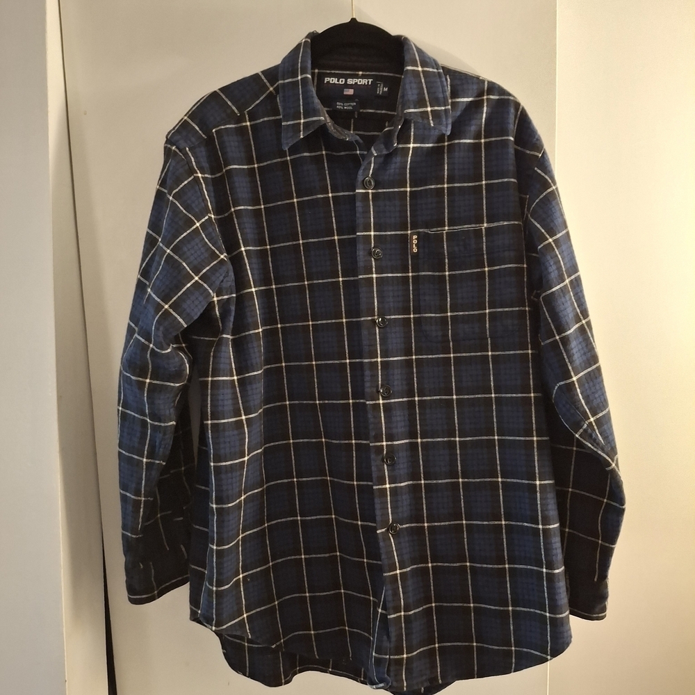 Polo Sport Men's Vintage Navy Checkered Wool Long Sleeve Button Up Shirt